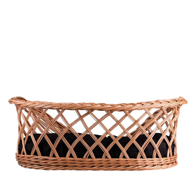 Esnoria wicker pet bed for dogs and cats with black cushion and low entrance TheWickerStories