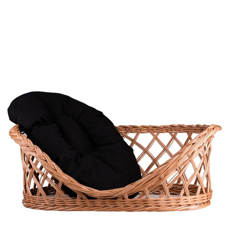 Esnoria wicker pet bed for dogs and cats with black cushion and low entrance TheWickerStories