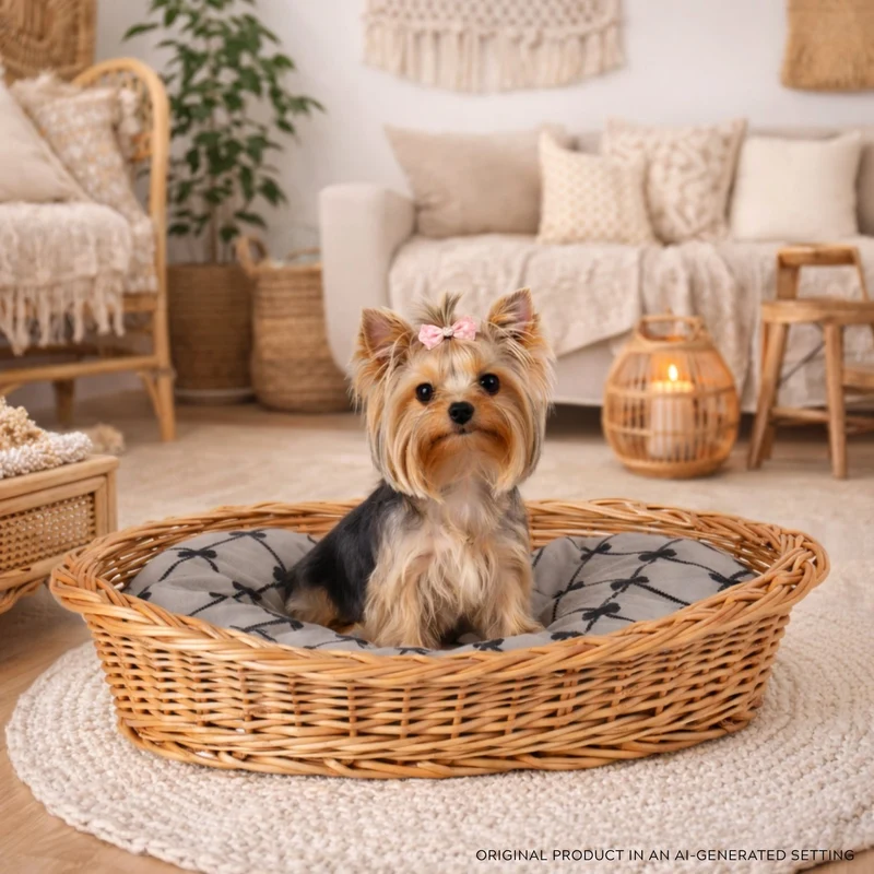 Enovia wicker pet basket with cushion for dogs and cats TheWickerStories
