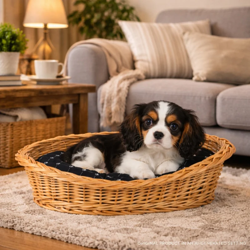 Enovia wicker basket for dog and cat with black cushion TheWickerStories