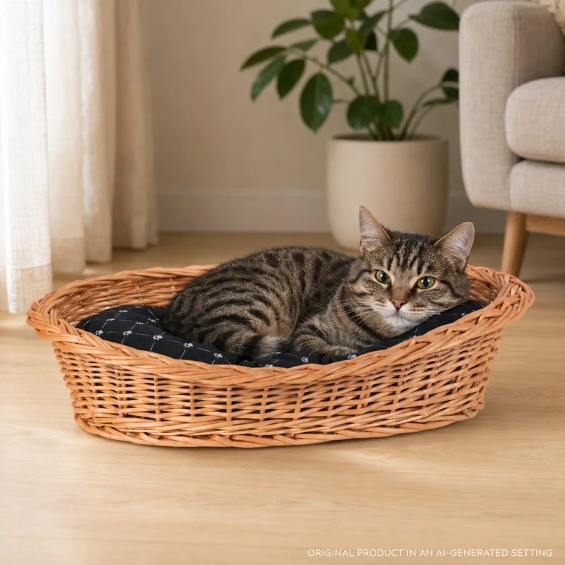 Enovia wicker basket for dog and cat with black cushion TheWickerStories