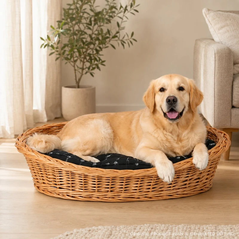 Enovia wicker basket for dog and cat with black cushion TheWickerStories