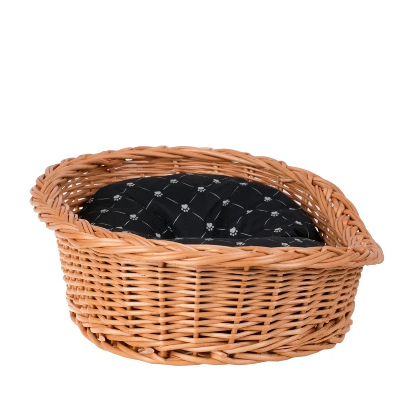 Enovia wicker basket for dog and cat with black cushion TheWickerStories