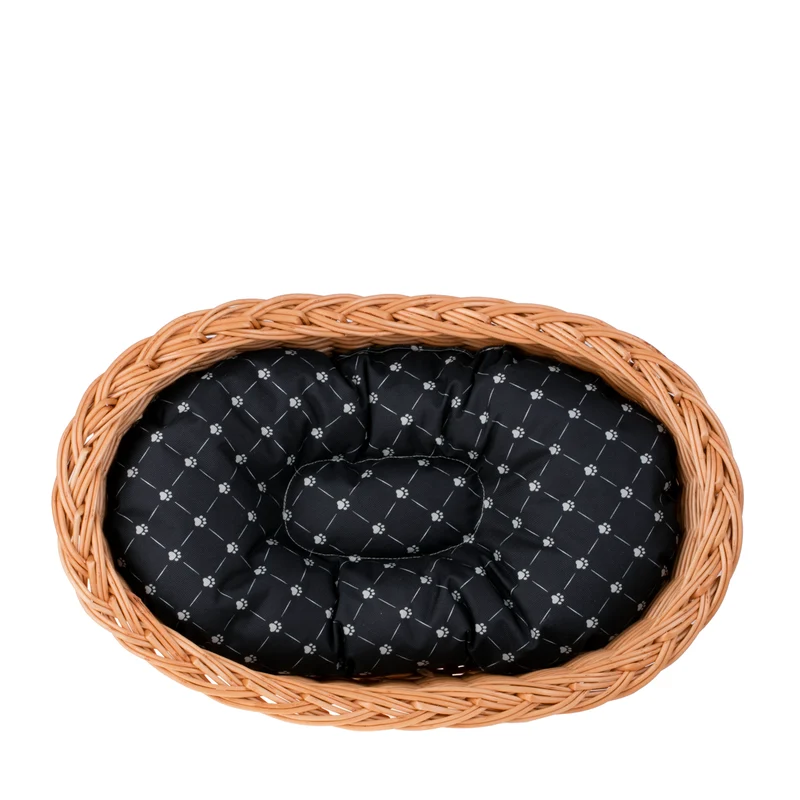 Enovia wicker basket for dog and cat with black cushion TheWickerStories