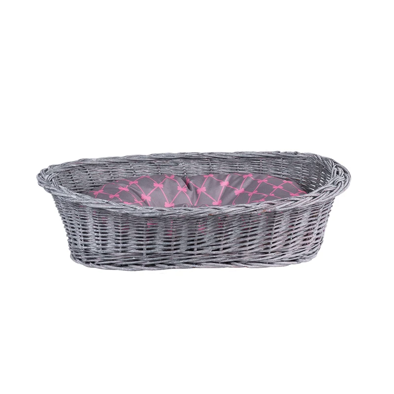 Enovia wicker pet bed for dogs and cats with cushion and low entry TheWickerStories