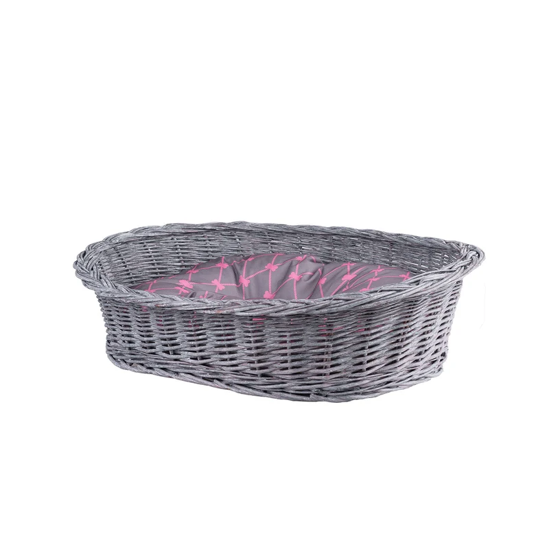 Enovia wicker pet bed for dogs and cats with cushion and low entry TheWickerStories
