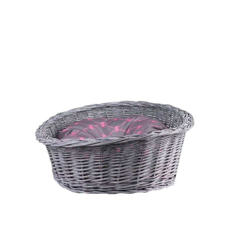 Enovia wicker pet bed for dogs and cats with cushion and low entry TheWickerStories