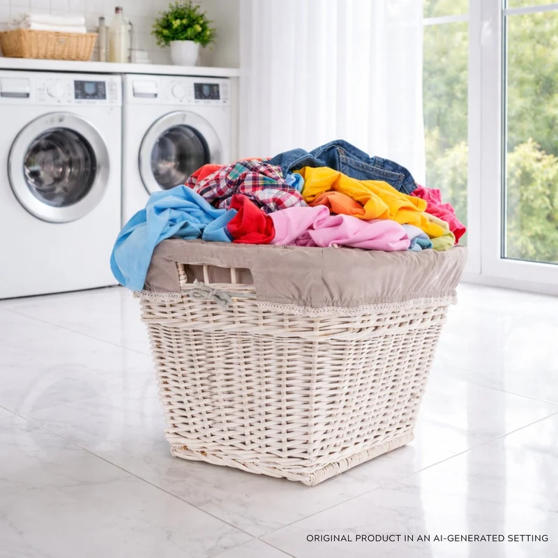 Mivella wicker laundry basket with beige trim and handles TheWickerStories