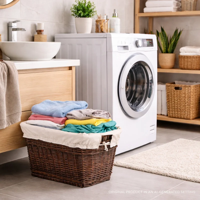 Mivella wicker laundry basket with beige trim and handles TheWickerStories