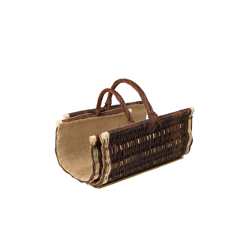 Fano wicker firewood basket with jute trim and handle