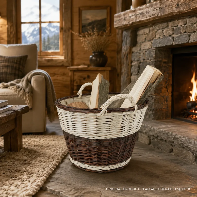 Fiorenia wicker firewood basket for the fireplace with carrying handles TheWickerStories