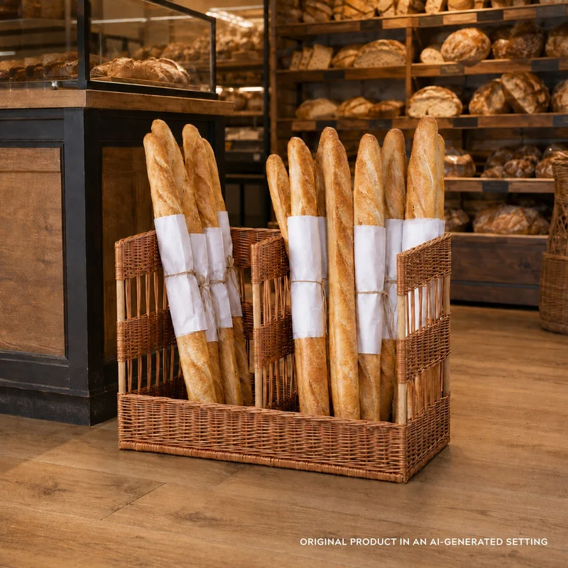 Briza wicker double baguette stand for bread display, freestanding TheWickerStories