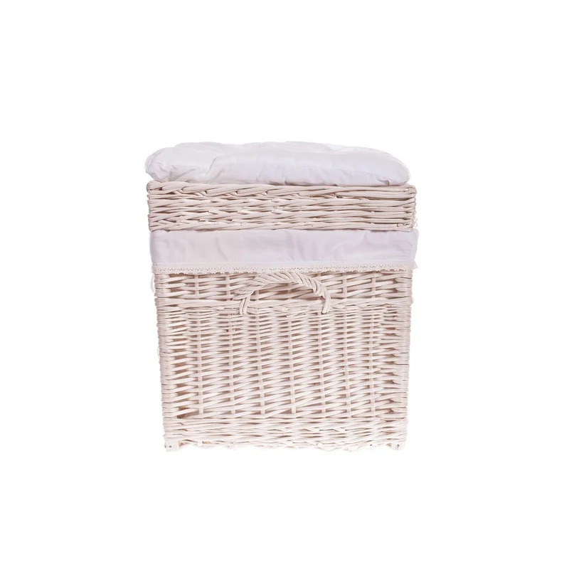 Kogia wicker basket with cream trim, cushion, handles, and lid TheWickerStories