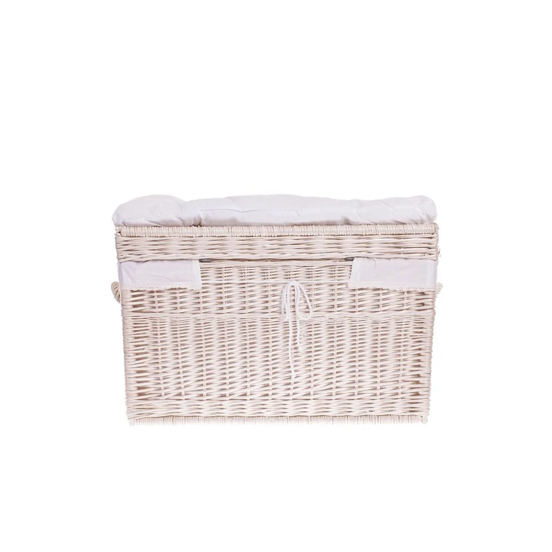 Kogia wicker basket with cream trim, cushion, handles, and lid TheWickerStories
