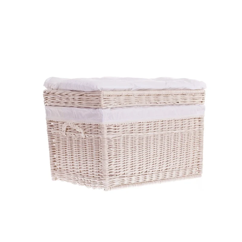 Kogia wicker basket with cream trim, cushion, handles, and lid TheWickerStories