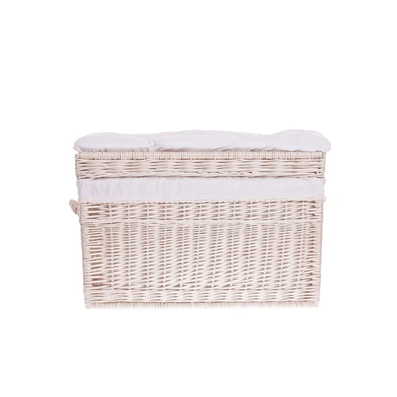 Kogia wicker basket with cream trim, cushion, handles, and lid TheWickerStories