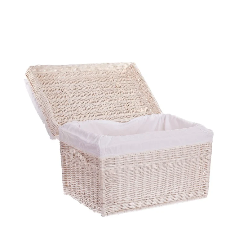 Kogia wicker basket with cream trim, cushion, handles, and lid TheWickerStories