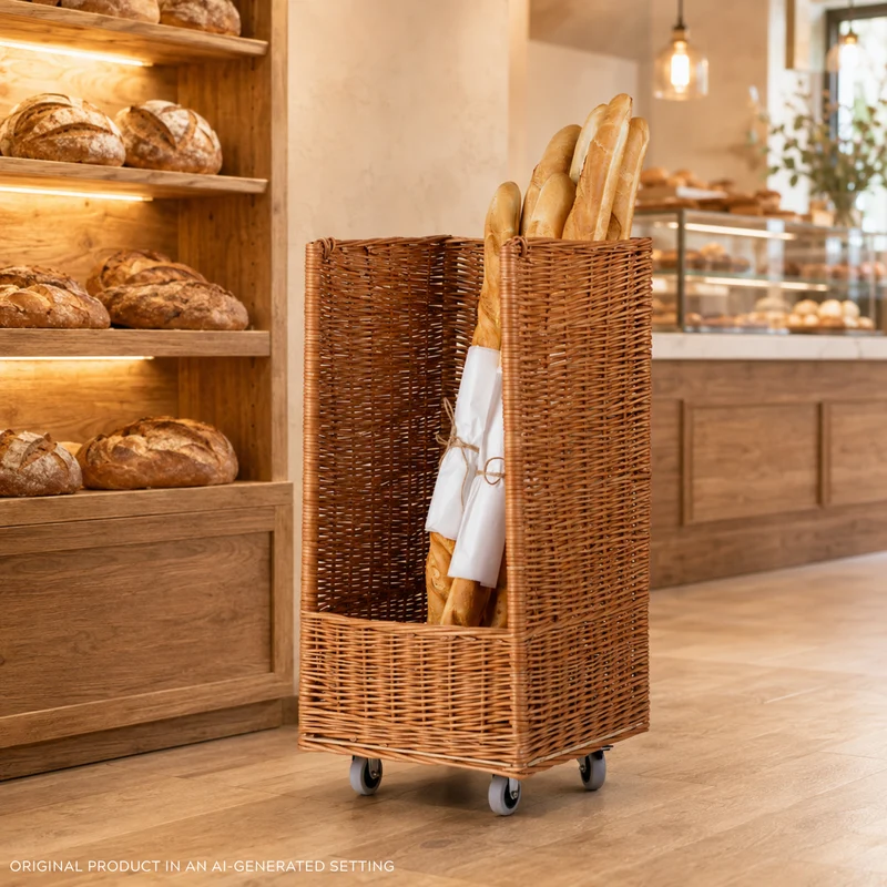 Boreta wicker basket on wheels for displaying baguettes TheWickerStories