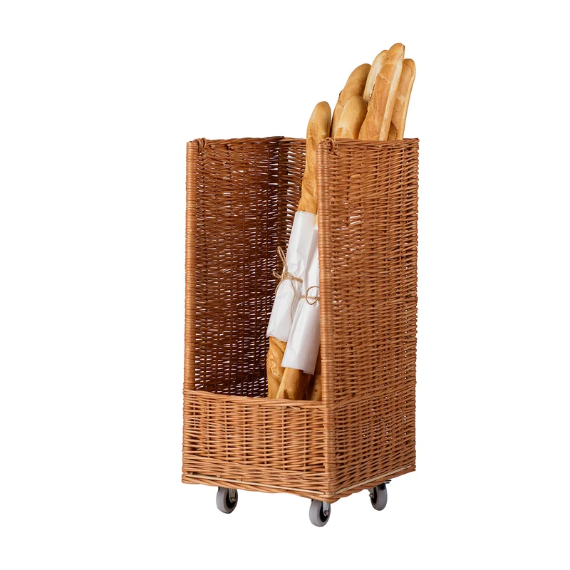 Boreta wicker basket on wheels for displaying baguettes TheWickerStories