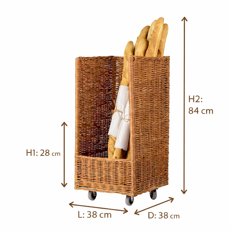 Boreta wicker basket on wheels for displaying baguettes TheWickerStories