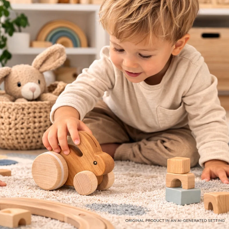 Pax wooden rabbit on wheels – children's toy TheWickerStories