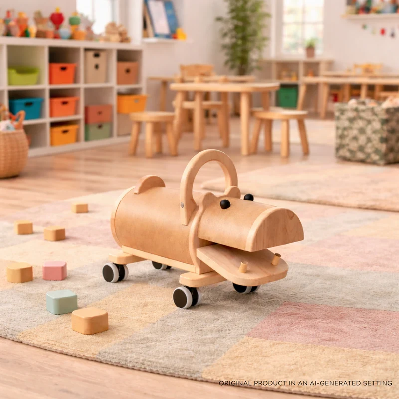 Prisma wooden hippopotamus on wheels with handle – ride-on toy for children TheWickerStories