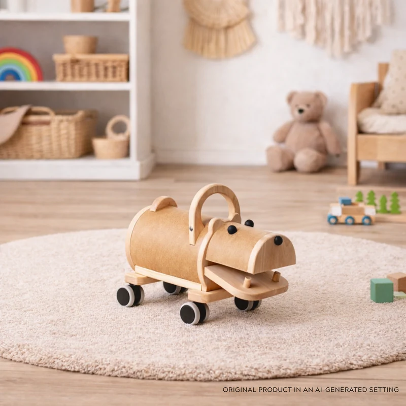 Prisma wooden hippopotamus on wheels with handle – ride-on toy for children TheWickerStories