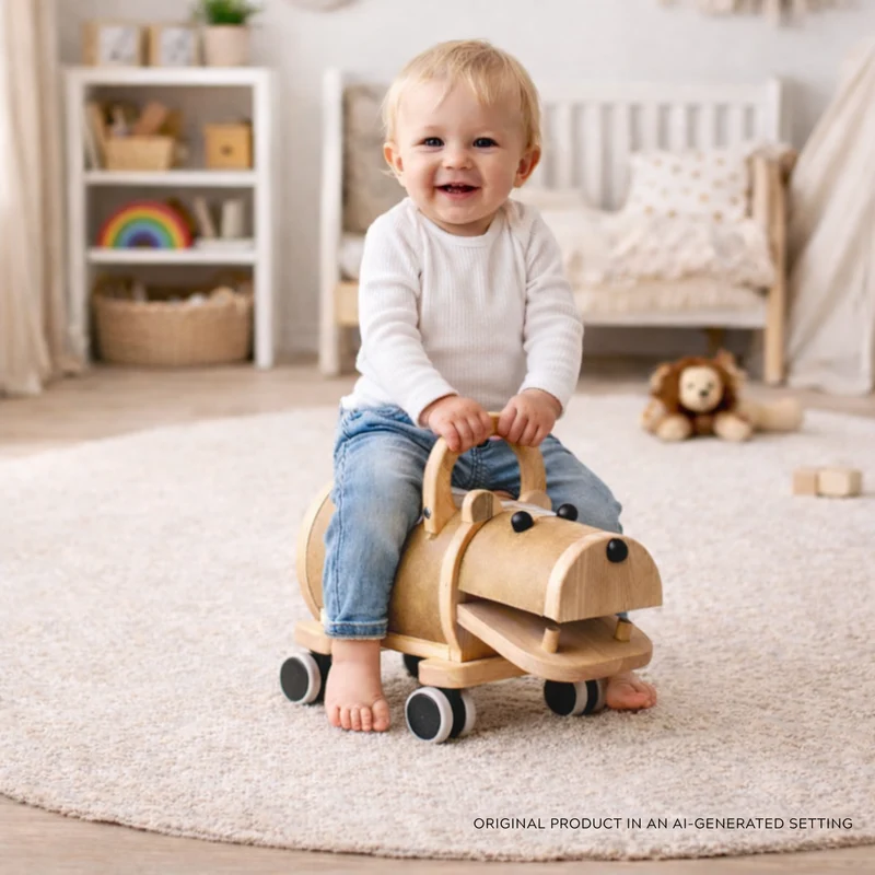 Prisma wooden hippopotamus on wheels with handle – ride-on toy for children TheWickerStories