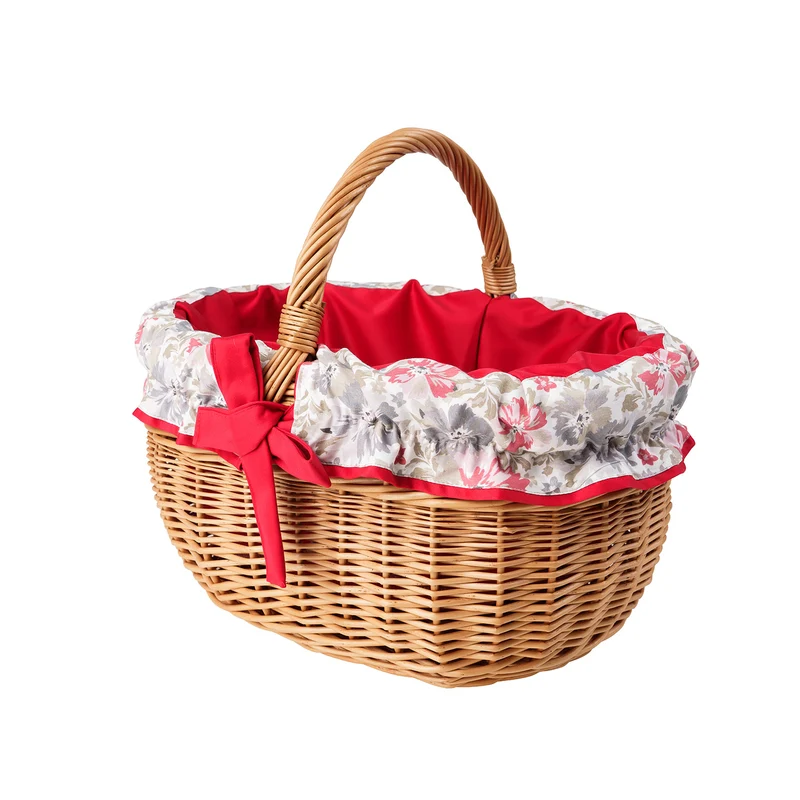 Werburga handmade wicker shopping basket with red trim and handle TheWickerStories