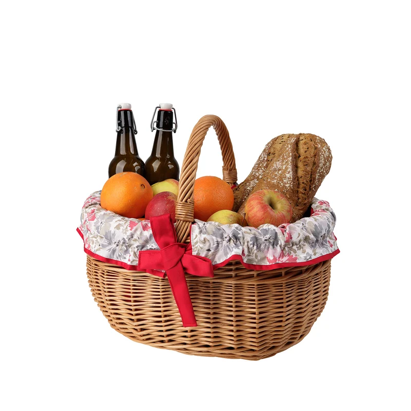 Werburga handmade wicker shopping basket with red trim and handle TheWickerStories