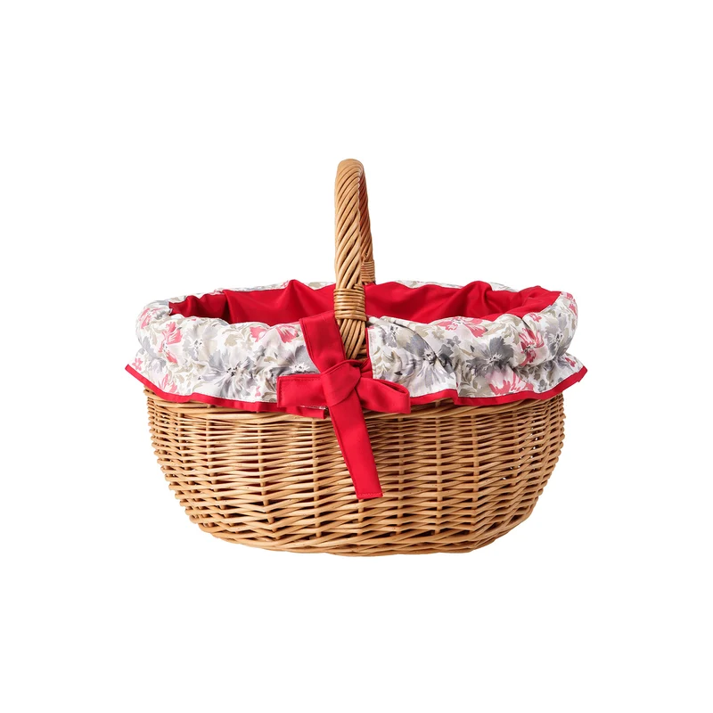Werburga handmade wicker shopping basket with red trim and handle TheWickerStories