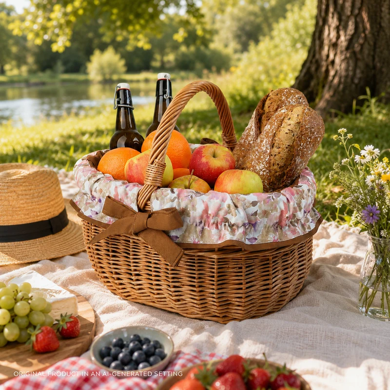 Werburga wicker shopping basket with brown trim and a handle by TheWickerStories