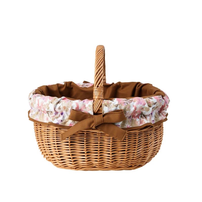 Werburga wicker shopping basket with brown trim and a handle by TheWickerStories