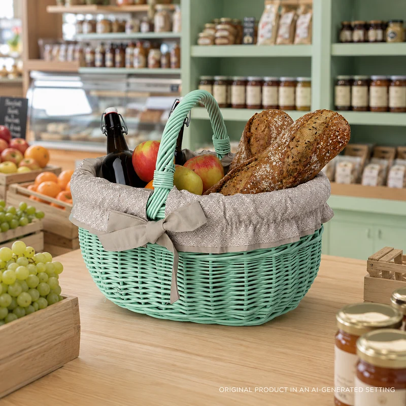 Werburga wicker shopping basket with beige trim and handle TheWickerStories