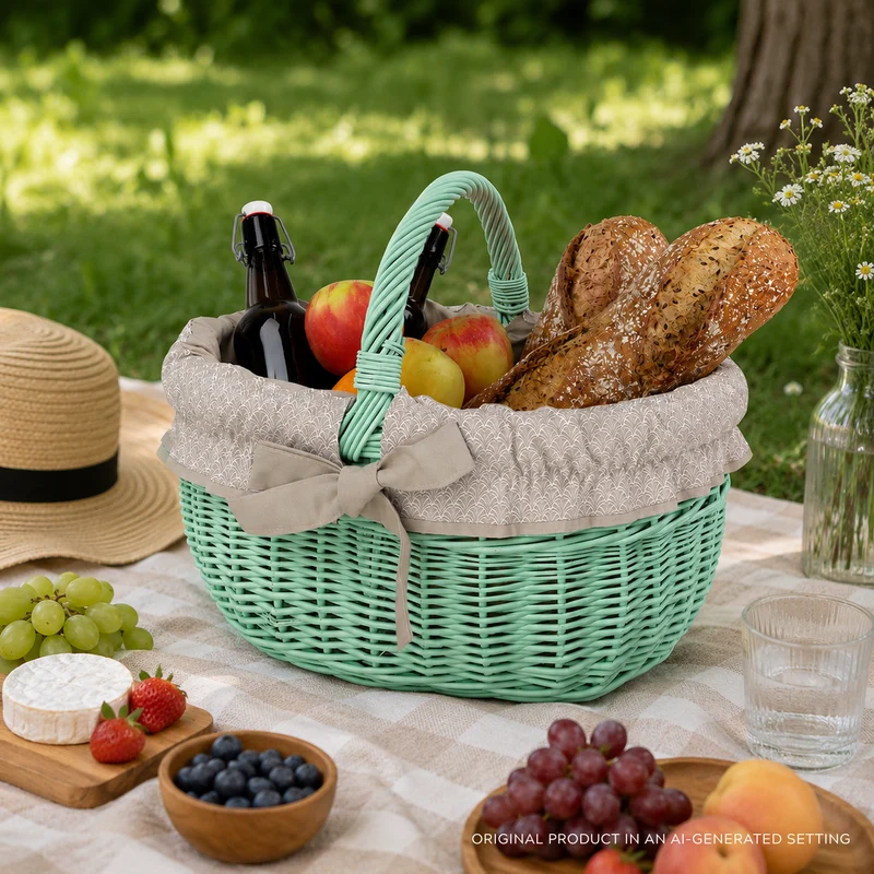 Werburga wicker shopping basket with beige trim and handle TheWickerStories