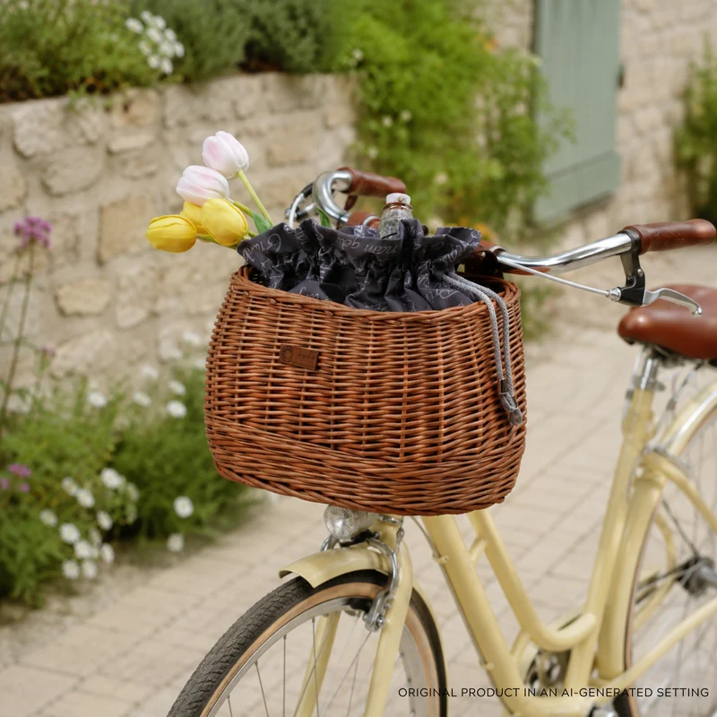 Marone wicker bike basket with gray trim, removable drawstring bag and leather straps TheWickerStories