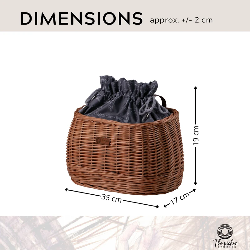 Marone wicker bike basket with gray trim, removable drawstring bag and leather straps TheWickerStories