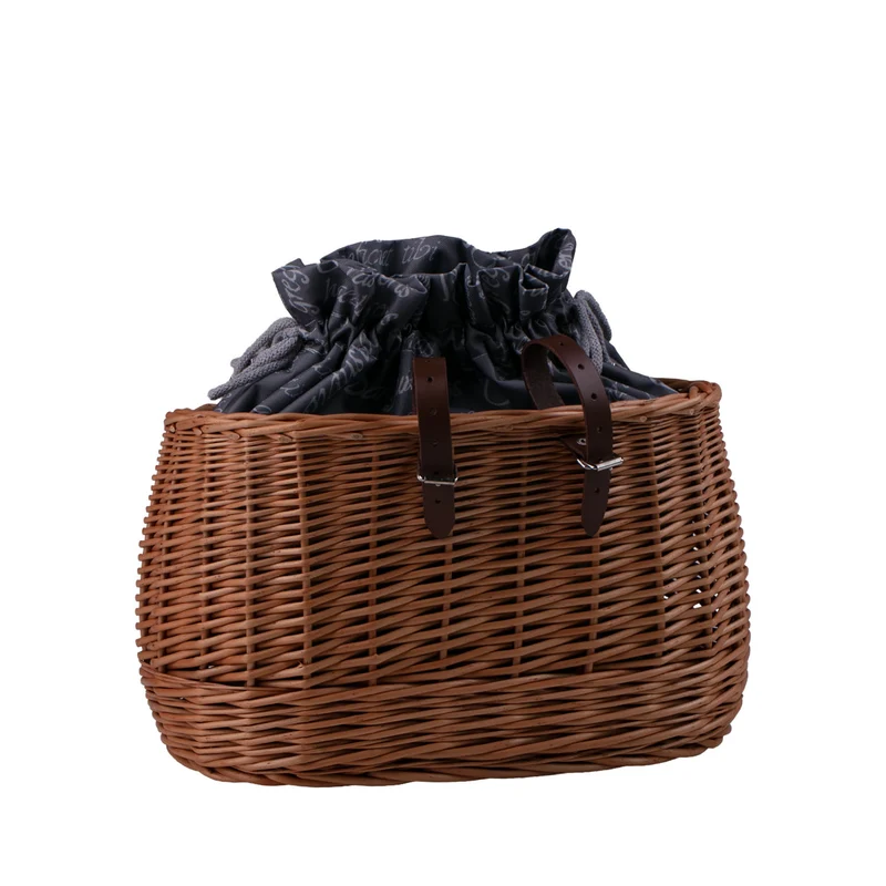 Marone wicker bike basket with gray trim, removable drawstring bag and leather straps TheWickerStories