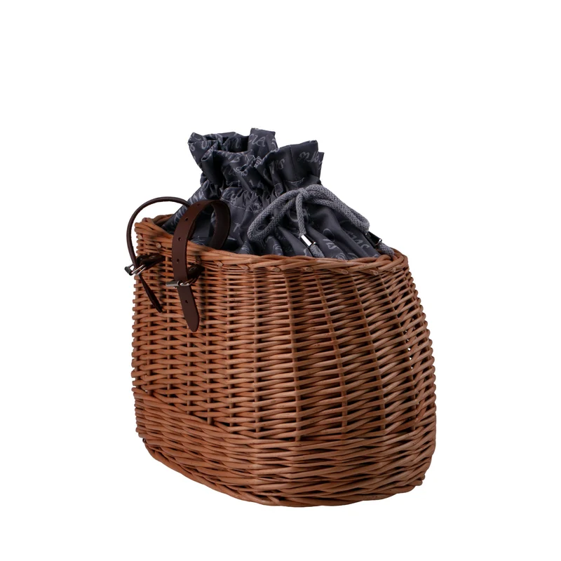 Marone wicker bike basket with gray trim, removable drawstring bag and leather straps TheWickerStories