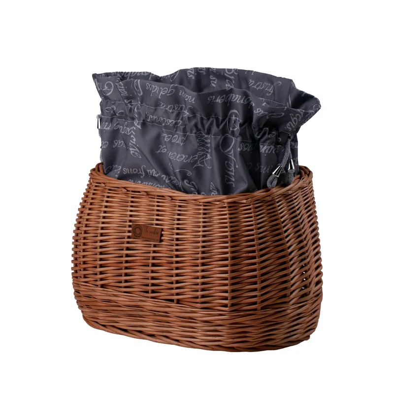 Marone wicker bike basket with gray trim, removable drawstring bag and leather straps TheWickerStories