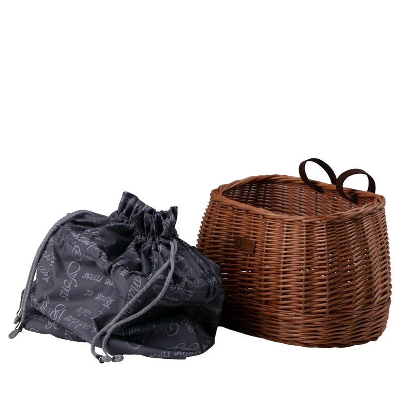 Marone wicker bike basket with gray trim, removable drawstring bag and leather straps TheWickerStories