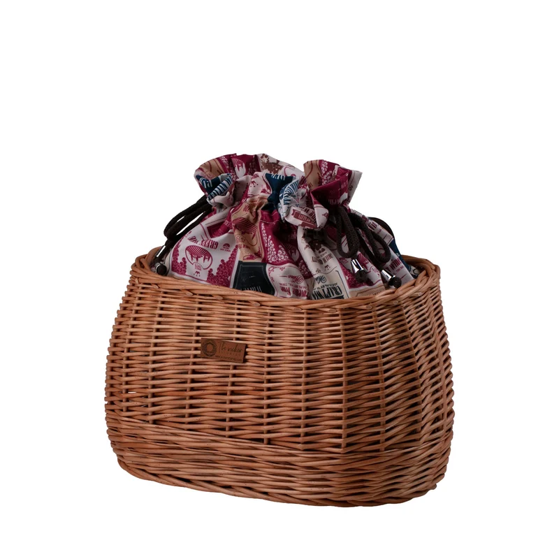 Marone wicker bike basket with colorful trim, removable liner bag and leather straps TheWickerStories