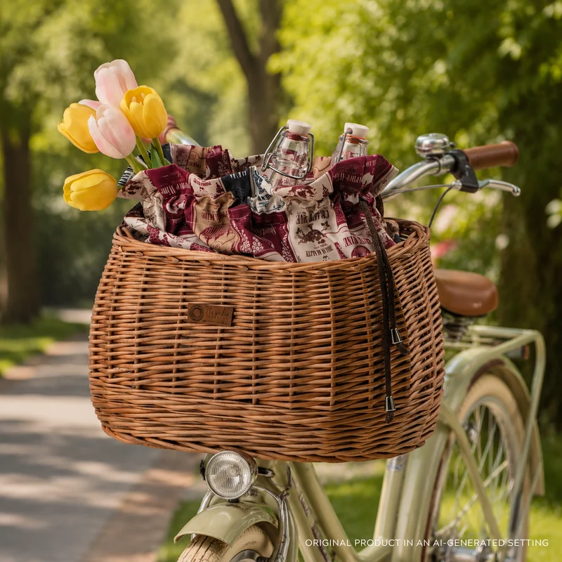 Marone wicker bike basket with colorful trim, removable liner bag and leather straps TheWickerStories