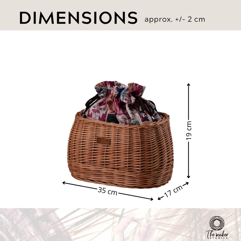 Marone wicker bike basket with colorful trim, removable liner bag and leather straps TheWickerStories