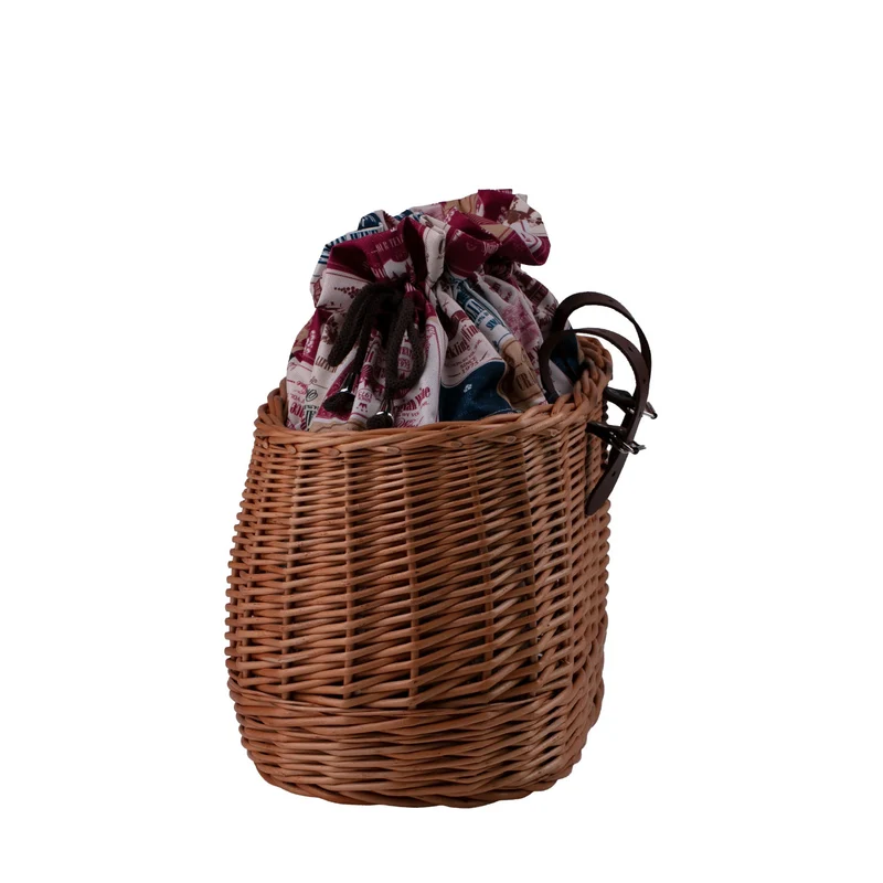 Marone wicker bike basket with colorful trim, removable liner bag and leather straps TheWickerStories
