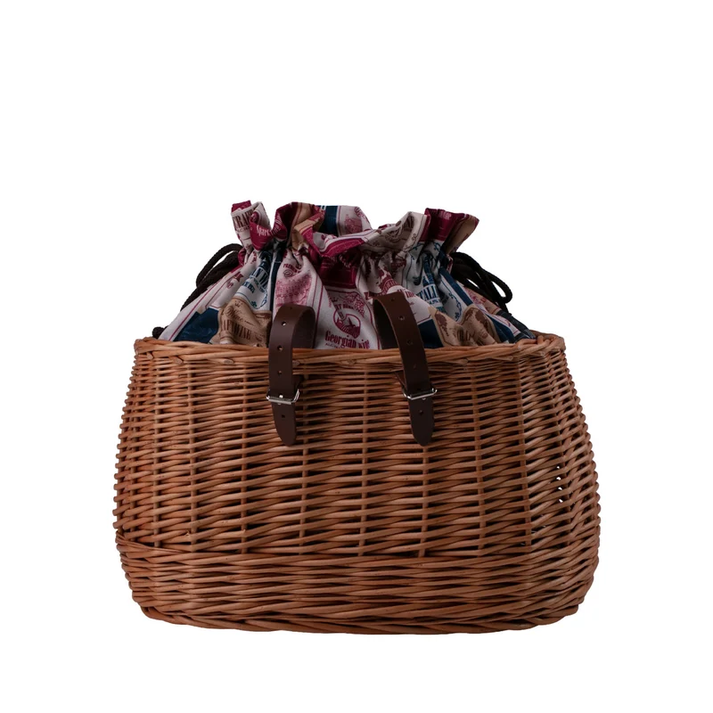 Marone wicker bike basket with colorful trim, removable liner bag and leather straps TheWickerStories