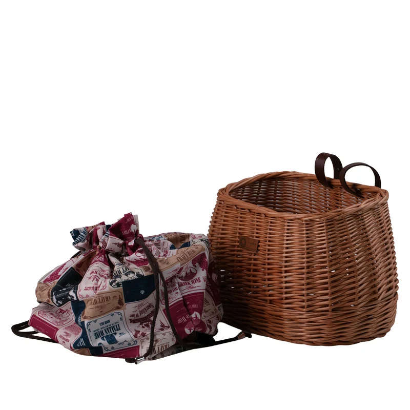 Marone wicker bike basket with colorful trim, removable liner bag and leather straps TheWickerStories