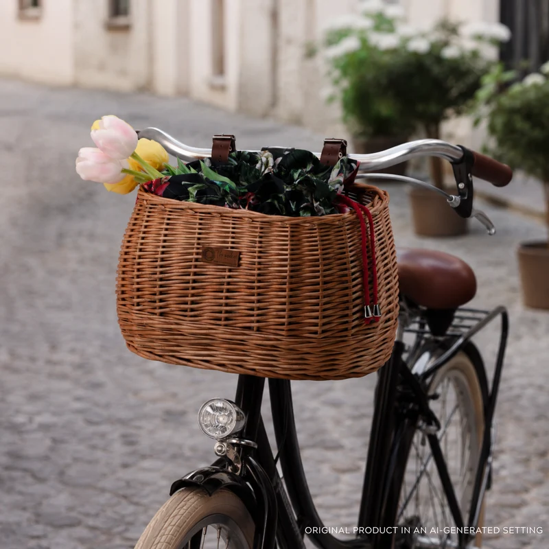 Marone wicker bicycle basket with colorful trim, removable liner and leather straps TheWickerStories