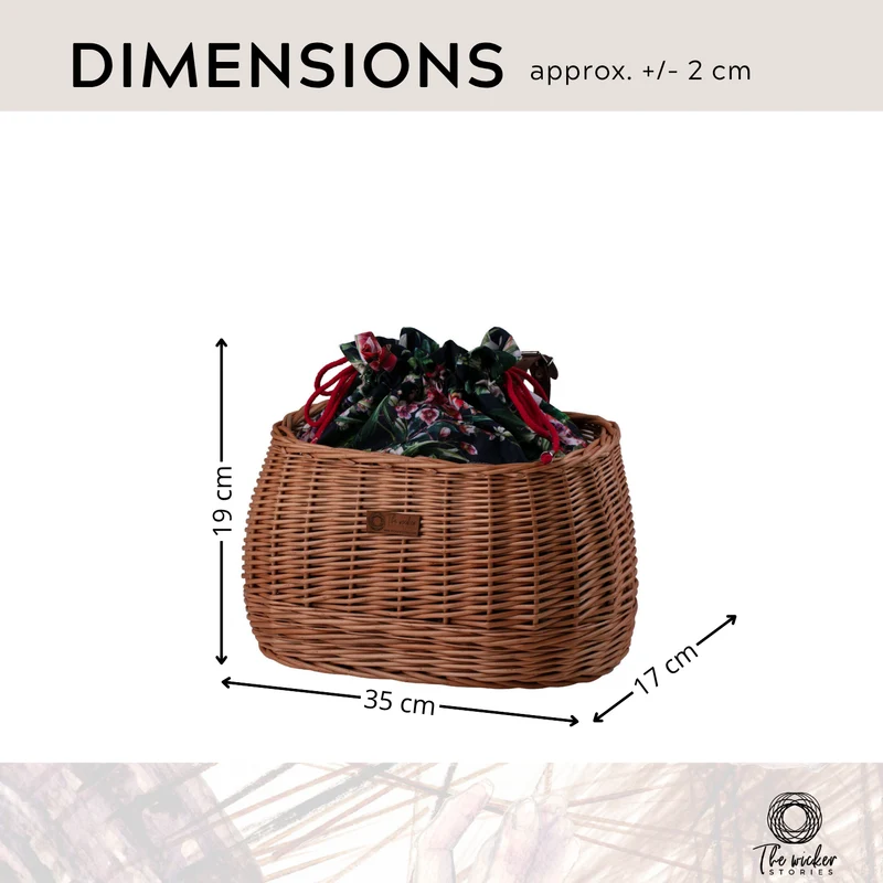 Marone wicker bicycle basket with colorful trim, removable liner and leather straps TheWickerStories