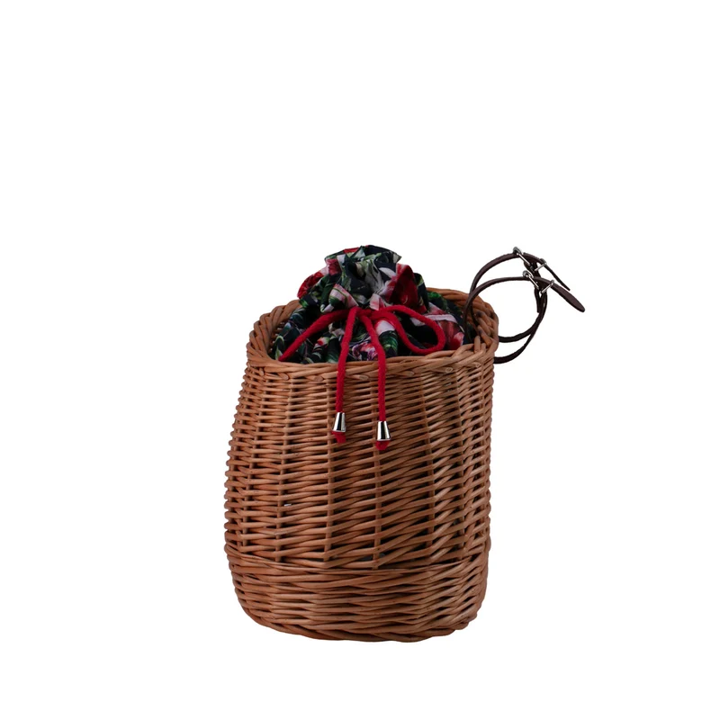 Marone wicker bicycle basket with colorful trim, removable liner and leather straps TheWickerStories